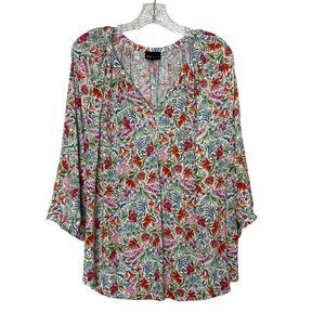 JNY Jones New York Blouse Top Womens 1X Orange Blue Floral